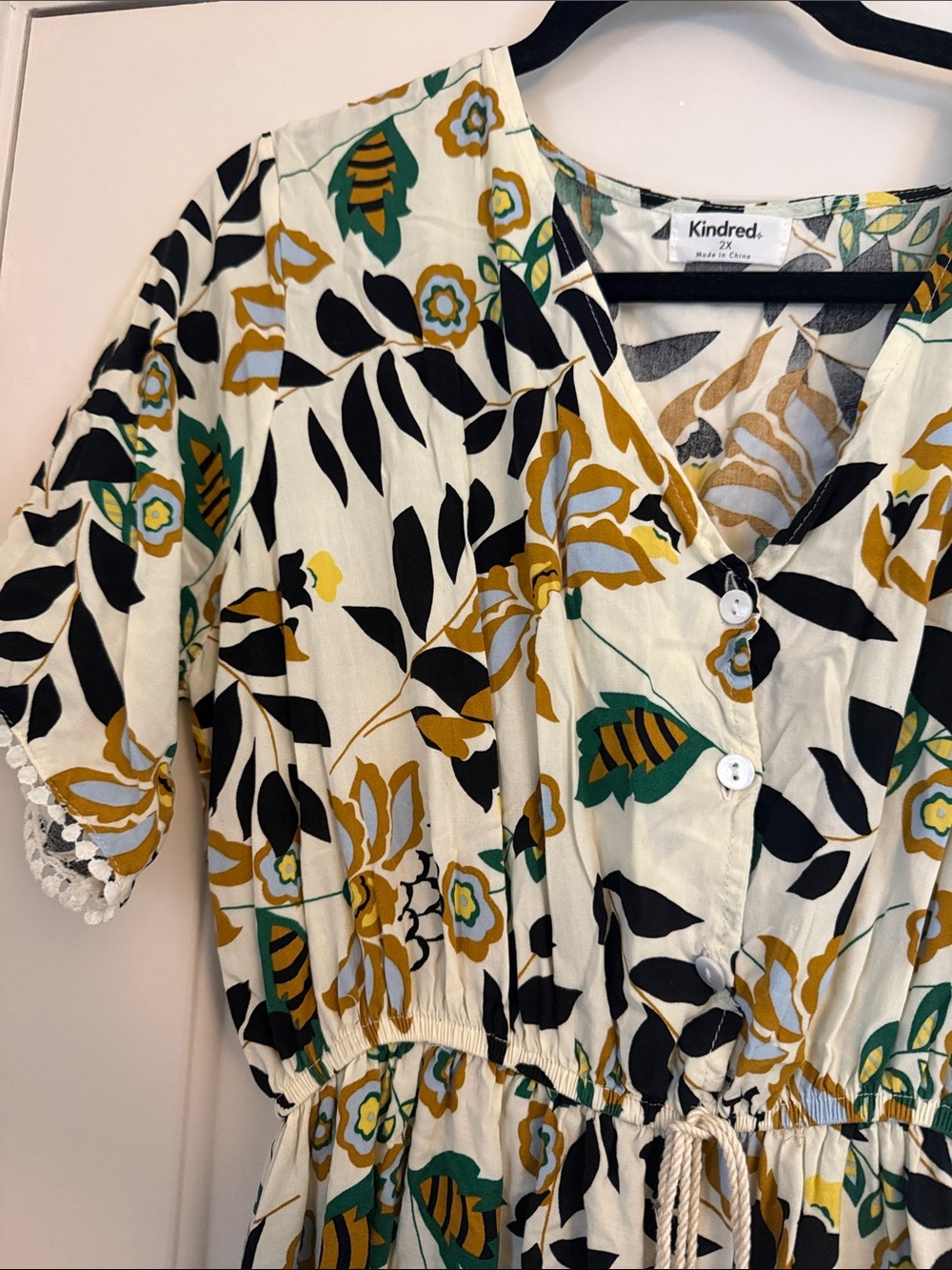 Kindred Cream Floral Midi Dress with Black & Green Print - Picture 3 of 6